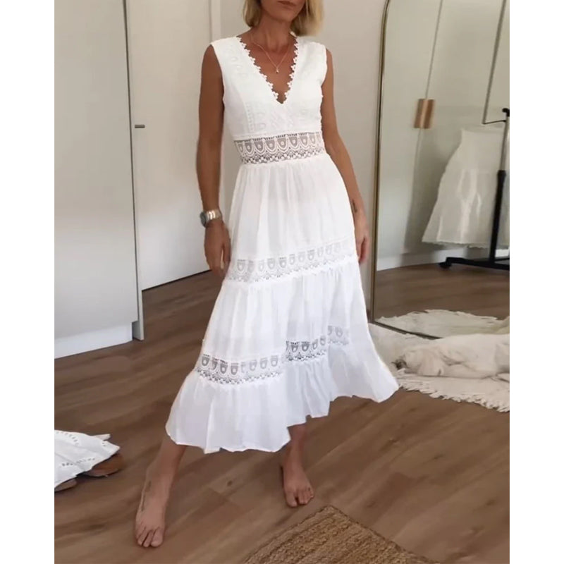 Ninfea | Bezrękawowa sukienka midi w stylu boho z koronkowymi detalami